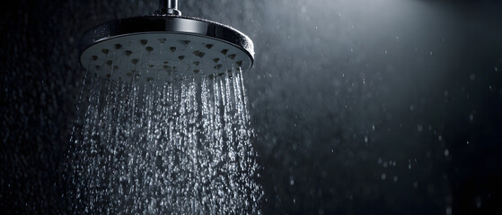 Water flowing from a round shower head in a clean white bathroom lifestyle minimal