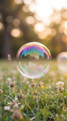 Fototapeta premium A delicate soap bubble, reflecting a kaleidoscope of colors, floats gently above a dewy meadow, kissed by the morning light. Capturing the ephemeral beauty of the moment.