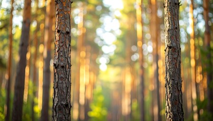 blur background a Golden sun light shines through autumn pines birch trees in a natural forest landscape with yellow leaves and textured bark