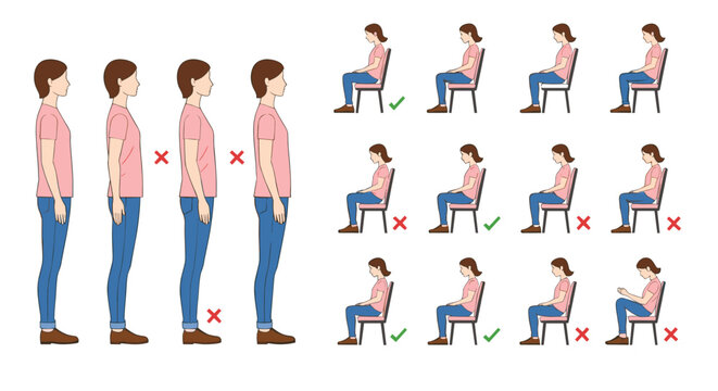 Correct and incorrect sitting posture illustration showing ergonomic chair positions, back alignment, workplace health, and posture education in flat vector style