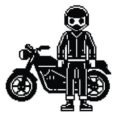 Naklejka premium Pixel Art 1-Bit Motorcycle Rider with Classic Bike Sprite