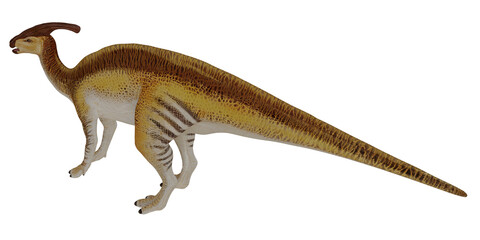 Obraz premium Model of a Parasaurolophus dinosaur on white background.