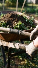 Fototapeta premium A gardener uses a wheelbarrow to transport soil and green waste, symbolizing the rewards of hard work and the cycle of growth.