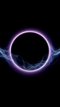 Futuristic abstract neon circle with glowing purple and blue fluid smoke or silk waves on black background. Modern elegant motion design for high tech logo or luxury frame presentation.