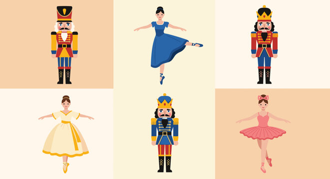 Nutcracker Ballet Characters Illustration Showcase of Toy Soldiers and Ballerinas Dancing in a Festive Performance with Traditional Christmas Decorations and Holiday Season Spirit