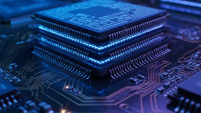 A macro closeup of a digital electronic circuit board reveals a high-tech semiconductor microchip and hardware components integrated into a complex computer motherboard engineering network