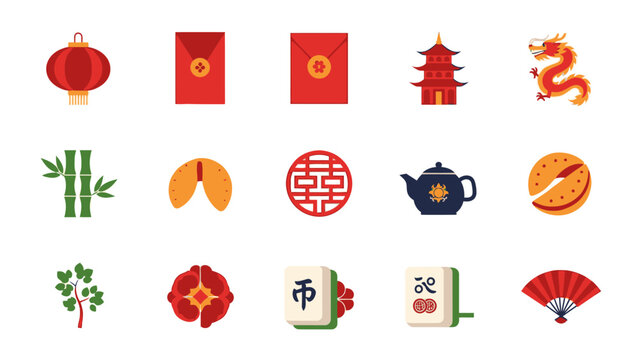 Collection of Lunar New Year Symbols: A vibrant array of iconic symbols associated with Lunar New Year, celebrating traditions and cultural richness. 