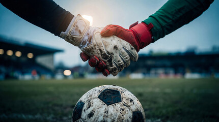 Naklejka premium Soccer Goalkeepers Shaking Hands After Match, Fair Play and Sportsmanship Concept. Sport Backgrounds.