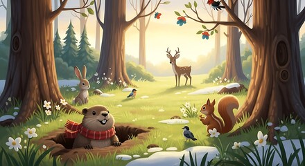 Naklejka premium Cute Groundhog Day Woodland Scene with Animals and Early Spring Sunshine