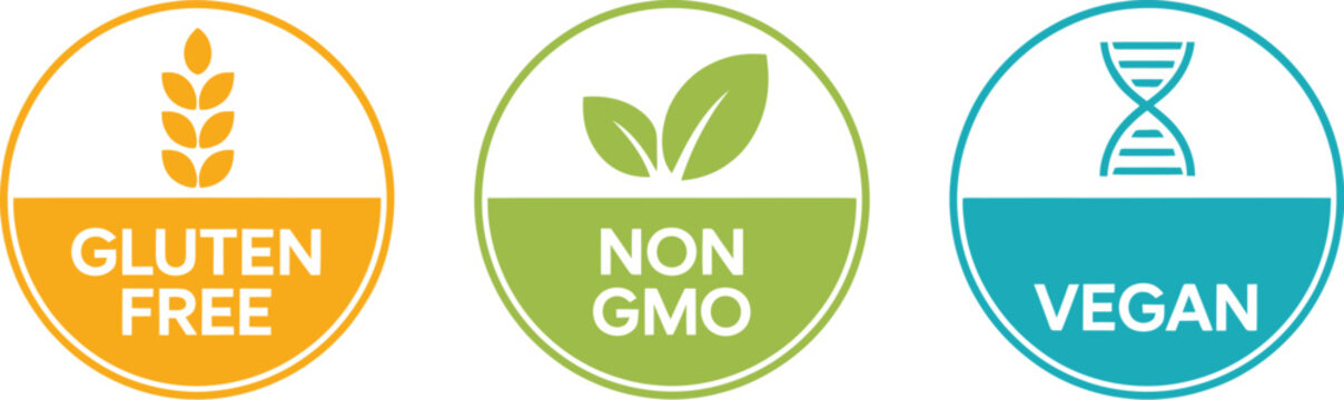 Gluten Free, Non-GMO, and Vegan Dietary Requirement Label Set, Food Product Quality Certification and Healthy Lifestyle Nutrition Icons