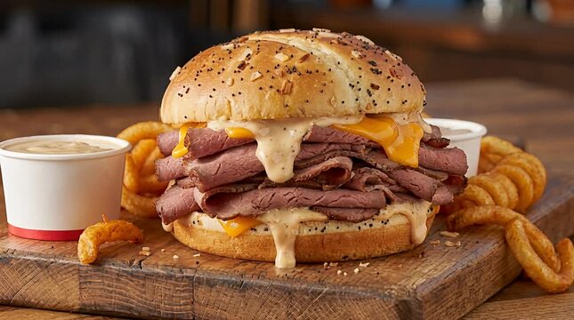 Savory roast beef sandwich with melted cheese and curly fries, a delicious meal combo photo, curly fries.