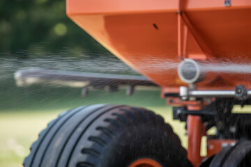 Fototapeta premium Close-up of a large agricultural spreader machine spraying granular fertilizer onto a field