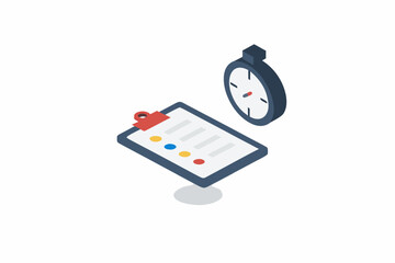 Isometric illustration of a clipboard with a timer above it