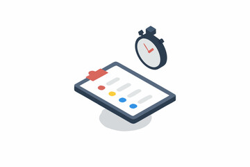 Isometric illustration of a tablet with a stopwatch above it