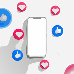 Smartphone mockup surrounded by social media like and share icons
