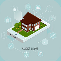 Isometric illustration of a smart home displayed on a smartphone screen