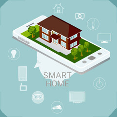 Isometric illustration of a smart home concept displayed on a smartphone