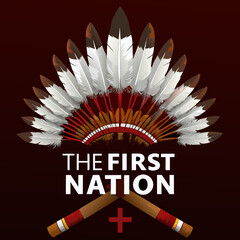 A native american headdress with crossed tomahawks and text