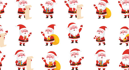 Naklejka premium Festive Santa Claus Characters Pattern Bring Christmas Joy: Seamless holiday design showcasing cheerful cartoon Santas with gifts and scrolls, perfect for festive backgrounds and s.