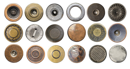 Collection of vintage metal buttons and rivets, transparent background
