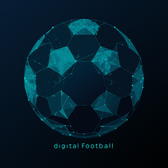 A futuristic polygonal soccer ball rendered in shades of blue