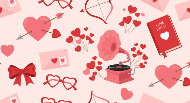 Romantic Valentine's Day seamless pattern with hearts, love letters, Cupid's bow, glasses and a vintage gramophone, all perfect for stationery, wallpaper, or backgrounds in charmin.