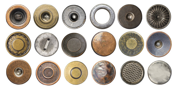 Collection of vintage metal buttons and rivets, transparent background