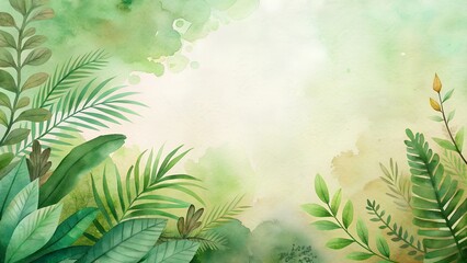 Obraz premium Lush Green Watercolor Jungle Foliage Soft Light Tropical Botanical Background
