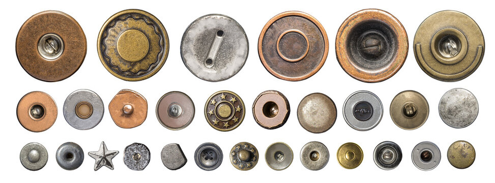 Assortment of metal jean buttons and rivets with transparent background