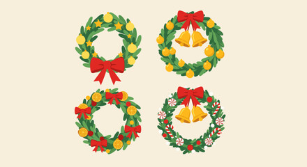 Four Christmas Wreaths Featuring Holiday Decorations Offer Festive, Seasonal Greetings; These Charming Arrangements Showcase Greenery, Bells, Bows, Ornaments, and Candy Canes for C.