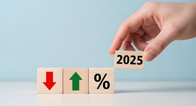 Hand placing 2025 block near percentage and arrow blocks