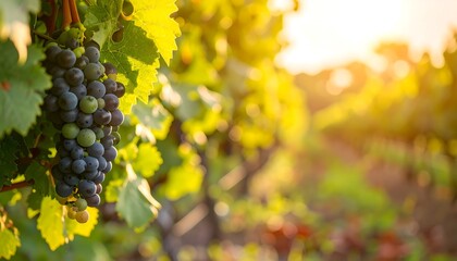 blur background with A vibrant autumn vineyard reveals clusters of ripe purple grapes hanging from a grapevine, ready for the winery harvest amidst a landscape of red and green leaves