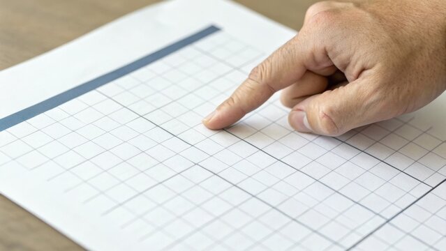 A hand points at a blank grid sheet, suggesting planning or data organization.