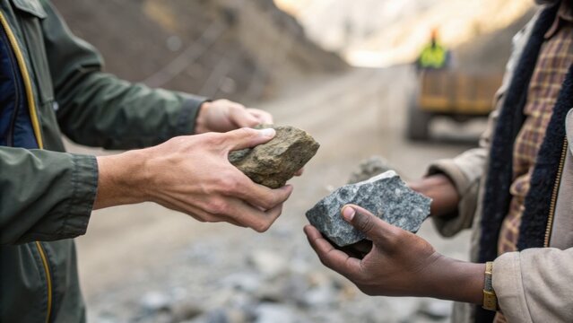 Two individuals are exchanging stones in a rugged outdoor setting, highlighting collaboration and the raw materials of the environment.