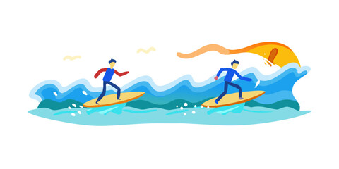 Two people surfing at sunset