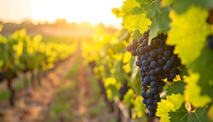 blur background with A vibrant autumn vineyard reveals clusters of ripe purple grapes hanging from a grapevine, ready for the winery harvest amidst a landscape of red and green leaves