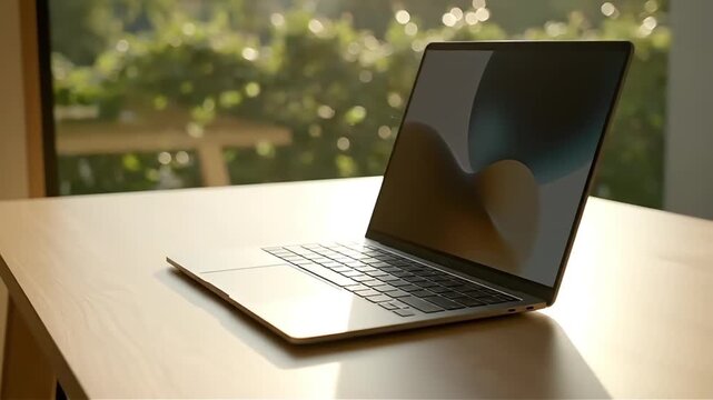 Modern laptop computer on a wooden desk with natural light and blurred greenery in background ideal for tech remote work lifestyle and digital nomad concepts