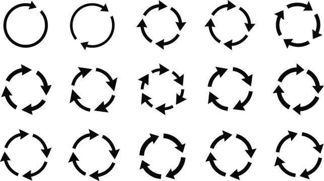 Circular arrow rotation icon set with black recycle, refresh, reload and loop symbols for infographic design
