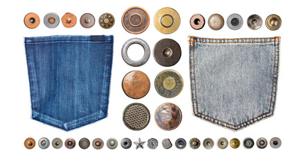 Denim pockets and metal rivets on transparent background