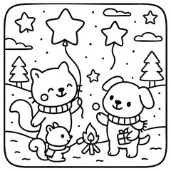 A joyful scene of cute animals, including a cat and a dog, celebrating with balloons and a campfire under a starry sky.