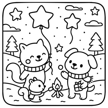 A joyful scene of cute animals, including a cat and a dog, celebrating with balloons and a campfire under a starry sky.
