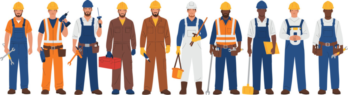 Industrial construction workers illustration set showing skilled laborers in uniforms with tools, safety helmets, and professional work equipment in flat vector style