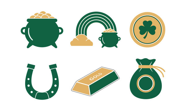 Lucky st patricks day symbols collection with pot of gold rainbow horseshoe gold bar money bag and shamrock coin for irish wealth theme