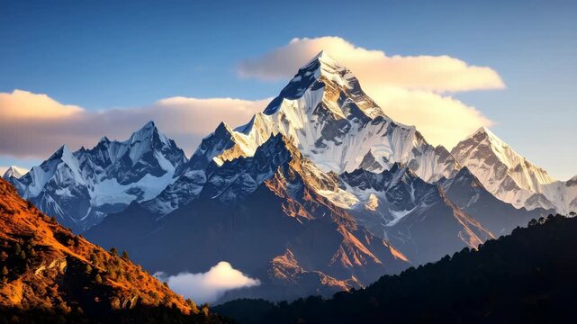 Majestic mountain range with snow-covered peaks under a clear blue sky with some clouds casting shadows on the landscape