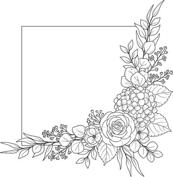 Minimalist hand drawn floral corner square frame vector illustration featuring delicate wildflowers and leaves for elegant wedding invitations.