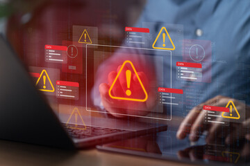 Cyber ​​attack warning icon with hacked document system and system alert on virtual screen for data breach. Threat alert Hack protection concept © Dee karen