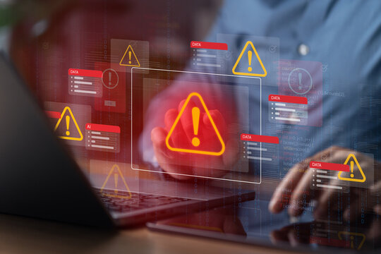 Cyber ​​attack warning icon with hacked document system and system alert on virtual screen for data breach. Threat alert Hack protection concept