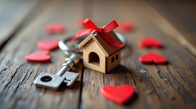 A rustic key and a small wooden house charm, tied with a red ribbon, rest on a weathered wooden surface, surrounded by scattered red heart decorations. 