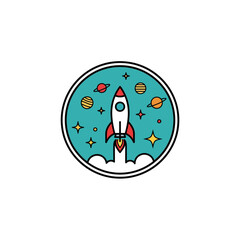 Vibrant flat design illustration of a red and white rocket launching into a turquoise space scene with various planets and stars.