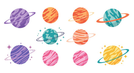 Colorful Cartoon Planets with Rings Orbiting in Outer Space, Perfect for Children's Education, Science Fiction, Space Exploration, Astronomy Presentations and Modern Graphic Design.